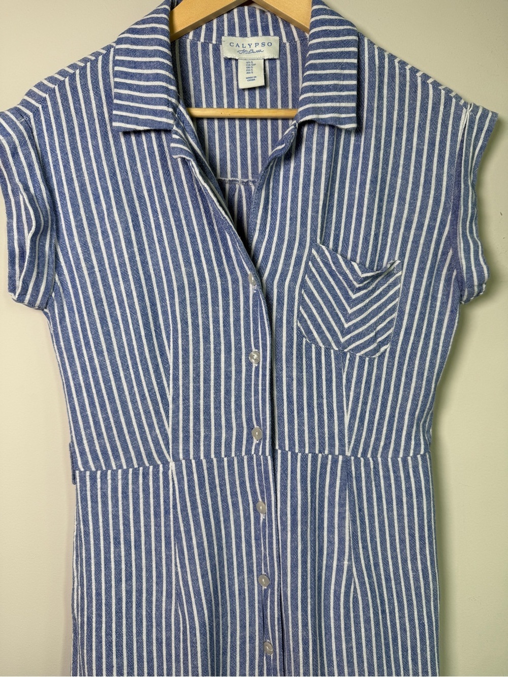 Calypso St. Barth Blue White Stripe Linen  Button-Front Midi Shirtdress Pocket S - Picture 2 of 6